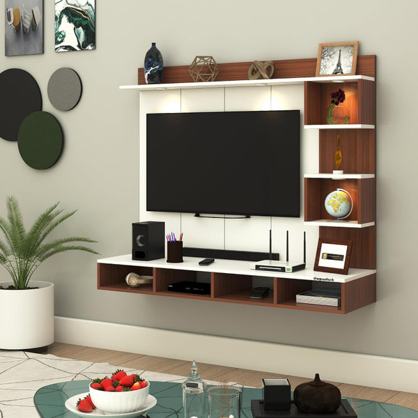 TheGoodLuck 32 to 43 Inches Wall-Mount TV Unit with PVC Back Panel & LED Lights Engineered Wood TV Entertainment Unit