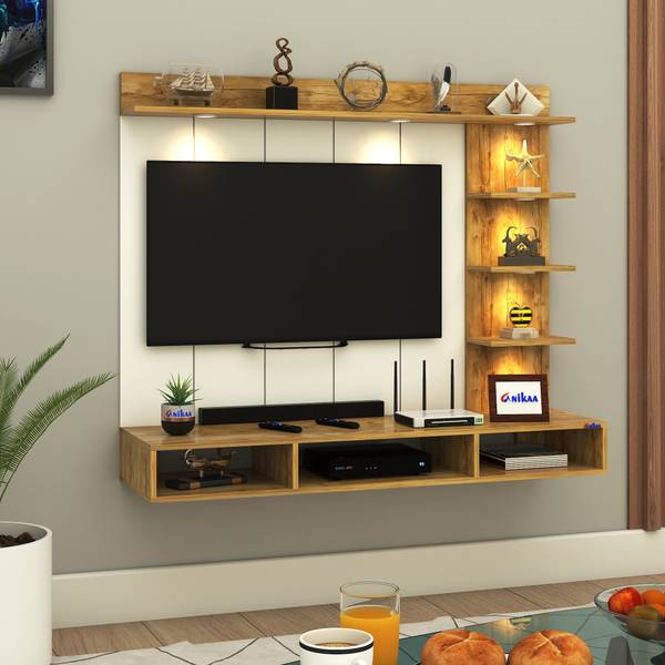 ANIKAA Tyron Wall-Mount TV Unit with PVC Back Panel & LED Lights Ideal for 55 Inch TV Engineered Wood TV Entertainment Unit