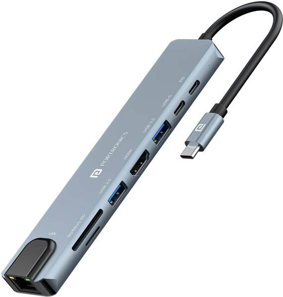 Portronics Mport 8 USB-C Hub, 8 Port, HDMI, Ethernet, USB, Card Reader, Type-C PD & Data, POR-2149 USB Hub