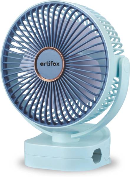 Artifax Rechargeable Portable Fan Clip Fan with LED Light, 3-Speed, 360 Rotation, 4-6 Hrs Battery, Compact USB Fan