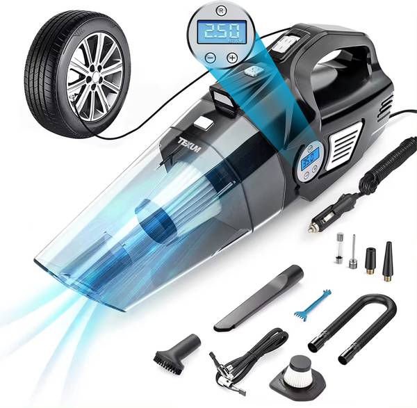 TEXUM TVC-A300 2 in 1 Car Vacuum Cleaner with Tyre Inflator High Power 8 KPA Handheld Car Vacuum Cleaner with Anti-Bacterial Cleaning