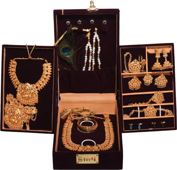 DigiRake Jewelery Box 12*8 Inch - Velvet Brown Travel Friendly Jewellery Organizer, Resettable Lock, Gift For Marriage Vanity Box