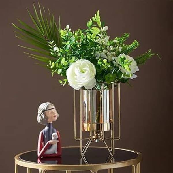 apardecor Metal Geometric Designer Gold Pillar Flower Vase With Removable Glass Iron, Glass Vase