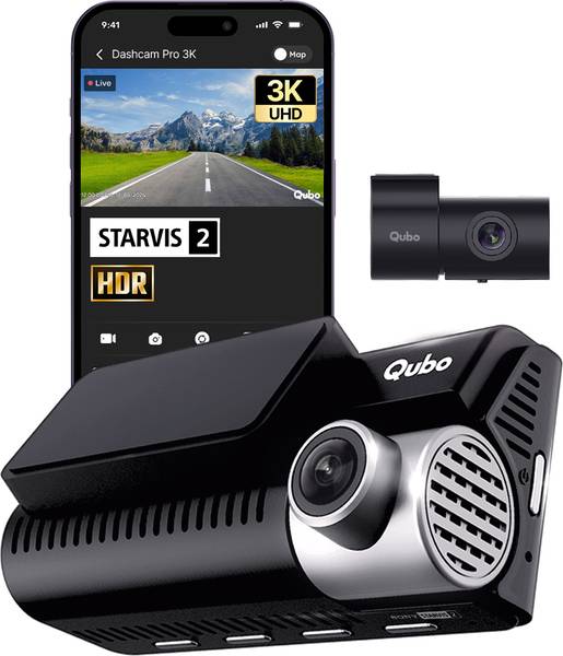 Qubo Smart Dashcam Pro 3K & Rear Cam Sony Starvis 2 IMX675 Sensor 5MP & 2MP 3.2 LCD In-car Camera System