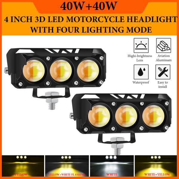 Otoroys 3 Lens LED Work Light White/Yellow Hi/Low Beam Fog Lights For Driving Off Road Fog Lamp Motorbike, Motorbike LED (12 V, 80 W)