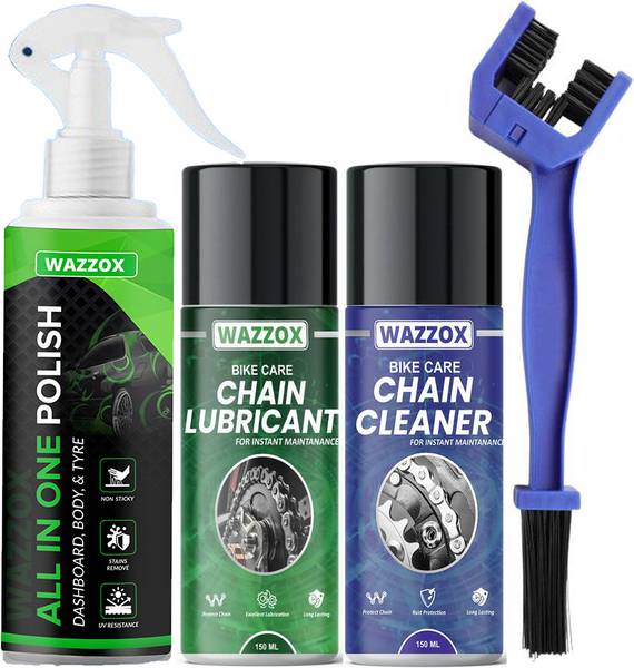WAZZOX Combo Of Chain Lubricant + Chain Cleaner + Bike & Car Polish With Cleaning Brush Cleans | Shines & Protects Chain | Car Dashboard Interior & Ex...