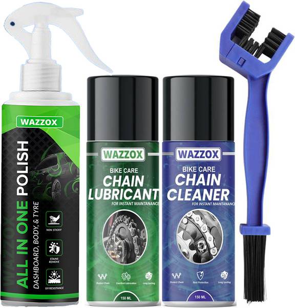 WAZZOX Combo Of Chain Cleaner + Chain Lubricant + Bike & Car Polish With Cleaning Brush Cleans | Shines & Protects Chain | Car Dashboard Interior & Ex...