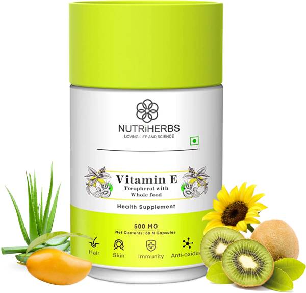 Nutriherbs Vitamin E Capsules for Glowing Skin & Hair, Immunity Booster 500mg 60 Capsules