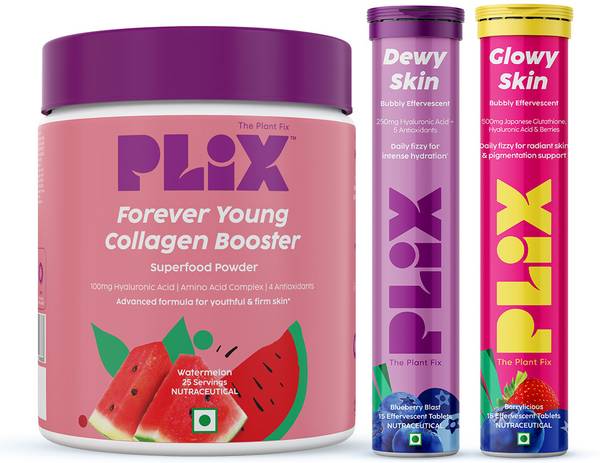 The Plant Fix Plix Collagen 200g Powder, Hyaluronic Acid & Glow Glutathione 15 Effervescent Tablets