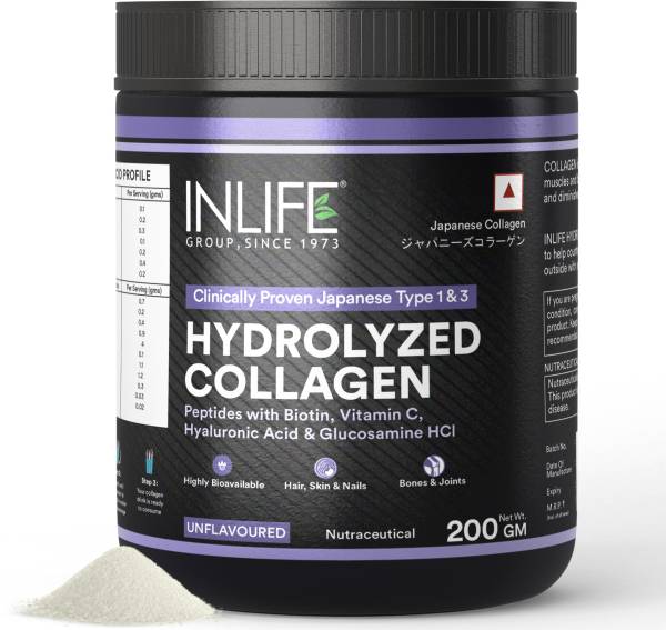 INLIFE Hydrolyzed Collagen Peptides Powder Skin Supplement Men Women-200g (Unflavoured)