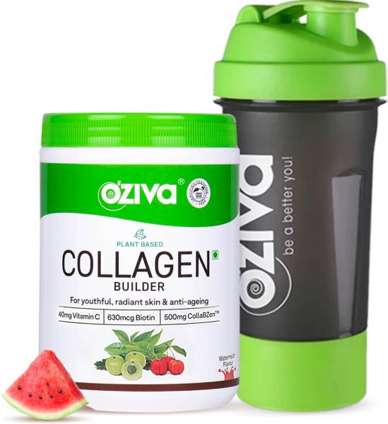 OZiva Plant Based Collagen Builder for Men-Women,Biotin,Vitamin C, Watermelon + Sipper