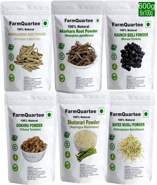 FarmQuartee Safed Musli, Ashwagandha, Shatavari, Kaunch, Gokhru & Akarkara Powder -100g Each