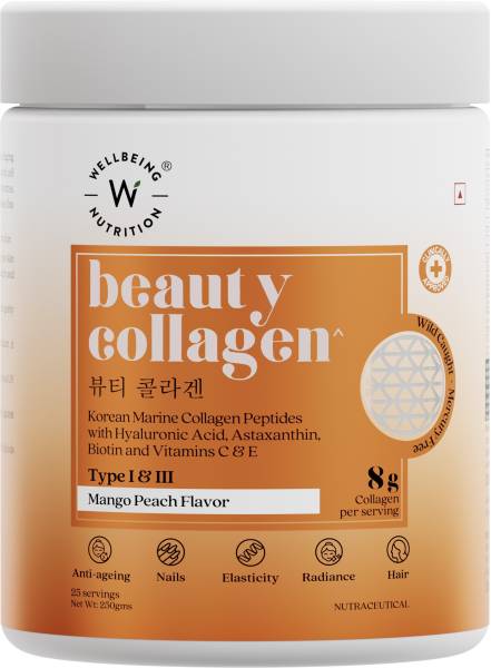 Wellbeing Nutrition Beauty Korean Marine Collagen Peptides with Hyaluronic Acid,Mango Peach Flavor