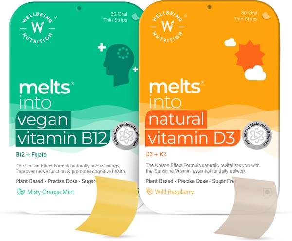Wellbeing Nutrition Melts Vegan Vitamin B12,Folate (5-MTHF) with Vitamin D3 + K2 (MK-7)Oral Strips