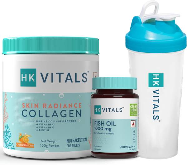 HEALTHKART HK Vitals Skin Radiance Collagen (Orange, 100 g) Fish Oil 1000mg & 650 ml Shaker