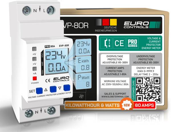 EURO EVP80R 80 Apms Over/Under Voltage - Current Protector - kWh & Watt - Pro meter - Voltage Guard & Energy Meter