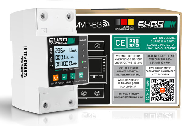 EURO EMVP63 WiFi IOT 63A 4 in 1 Voltage Current & Earth Leakage Protector with KwH / App Based Energy Monitoring - Time Scheduling & Remote Control