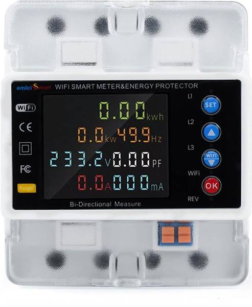 amiciSmart 3-Phase WiFi Energy Meter Bi-Directional 80A Power Meter with Over/Under Voltage Digital Voltage Tester