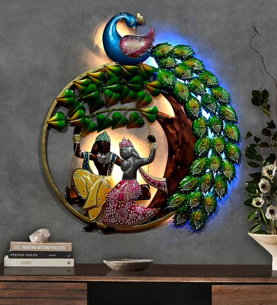 Indraj Premium Craft Handcrafted Metallic Radha Krishna With Peacock LED Wall Decor for Living Room