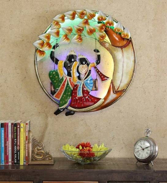 PitaraPlex Metal Wall Hanging Radha Krishna Round Home Dcor, Multi, 24X1X22 In Inbuilt LED
