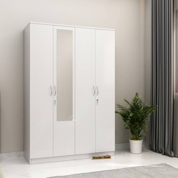 Wooden Street Kayden Engineered Wood 4 Door Wardrobe with Hanger Rod & Mirror Engineered Wood 4 Door Wardrobe