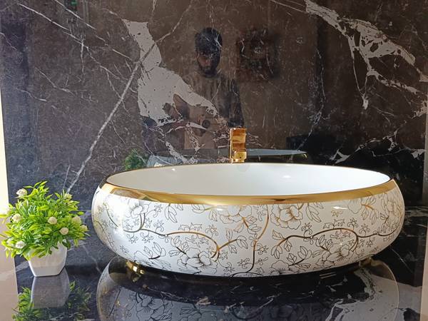 LOFINA Premium Designer Table Top Counter Top Golden Wash Basin Gold Ceramic Wash Basin L-2201(L61 X W43 X H14Cm) Very Stylish Bathroom Golden Ceramic...