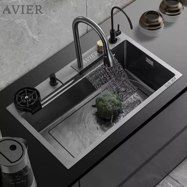 AVIER Sink of Fruit buckets ,Shop Dispenser 30X18X9 In Black SUS304 Nano Coating Waterfall and Pull-down Faucet Set Stainless Steel Sink Vessel Sink