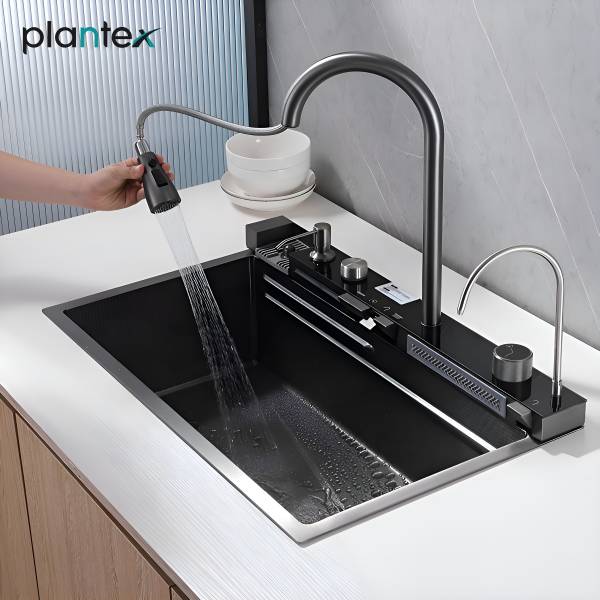 Impulse by Plantex Equipped Kitchen Sink with Pull-down Faucets/LED Pannel and Digital Display- (APS-LH-7546-30x18"-BLK) Under Counter Basin