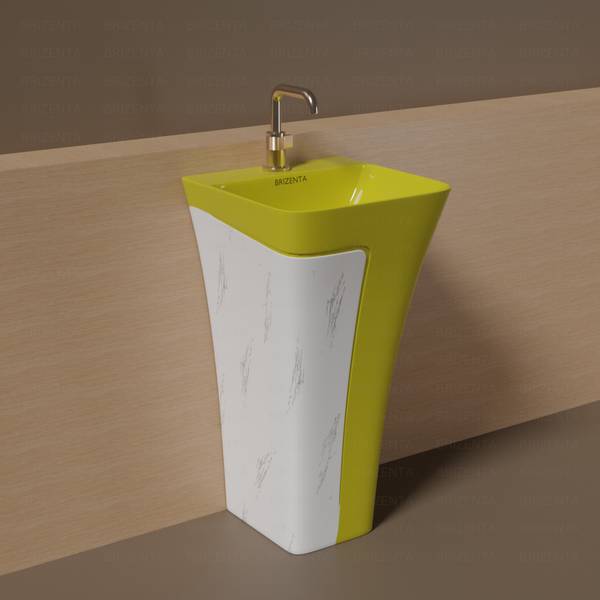 BRIZENTA WB17 Ceramic Shining Yellow One Piece Wash Basin With White Marble WB17 Pedestal Basin