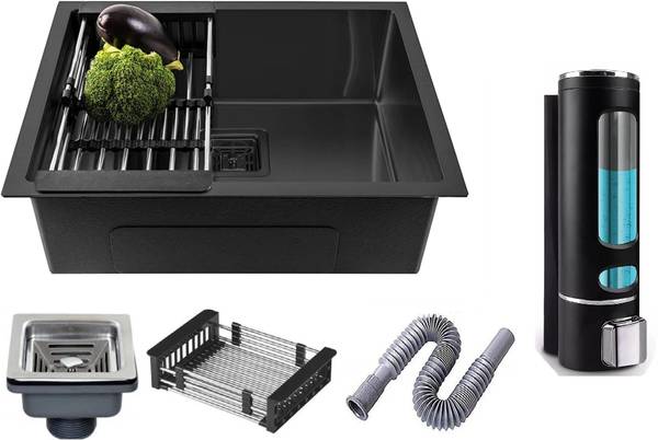 Flipkart SmartBuy Handmade Kitchen Sink 24" X 18" X 10" Wash Basin Stainless Steel Single Bowl With Tap Premium Quality Black MG_16 Vessel Sink