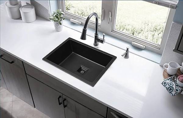 Walberrie Black Quartz Single Bowl 24x18x9 Inches Kitchen Sink | Black Quartz Single Bowl 24x18x9 Inches Kitchen Sink | Vessel Sink