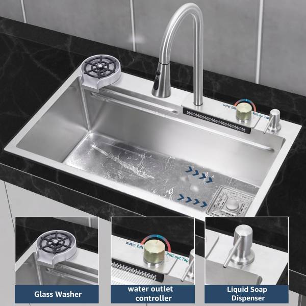 Impulse by Plantex Stainless Steel Kitchen Sink with Integrated Waterfall and Pull-down Faucet - (APS-1013-SILVR-30x18") Vessel Sink