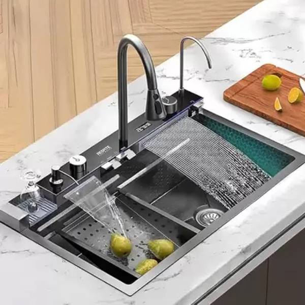 RESPITE Kitchen Sink (30x18x10Inch) with Waterfall and Pull-down Faucet And Accessories 304 Grade Steel Sink with LED Digital Display & RO Tap - Nano ...