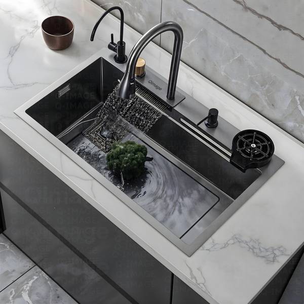 Q-IMAGE KITCHEN SINK WITH ANTI SCRATCH DESIGN INTEGRATED WATERFALL AND PULL-DOWN FAUCET SET/304 GRADE STAINLESS STEEL SINK WITH CUP WASHER,DRAIN BASKE...