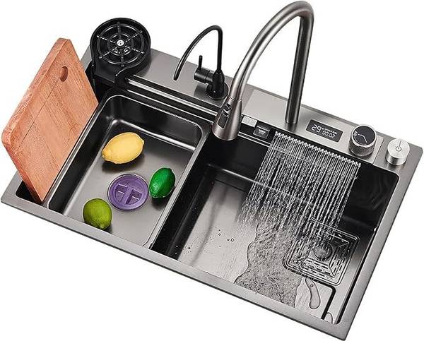 Citrine Kitchen Sink 304 Stainless Steel with Digital Display Waterfall Faucet Waterfall Faucet, Black Finish, and Cup Washer Vessel Sink