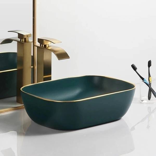 OSOSAM Matte Finish Tabletop Vessel Sink Basin For Bathroom (18 x 13 x 5.5 Inch) GREEN GOLDEN BORDER Counter Top