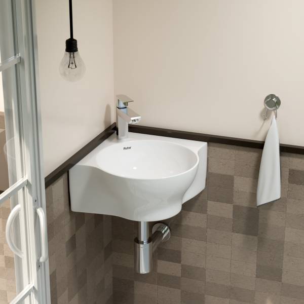 RUHE Miram Modern Ceramic Wall Hung Corner Wash Basin | Premium Bathroom Sink | Hand Basin Tub | Basin for Bathroom and Living Room Corner Basin