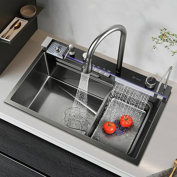 Q-IMAGE 30x18x9 Inch Anti Scratch Kitchen Sink , Multifinction Sink 5-Piano Switch Waterfall and Pull-down Faucet And Accessories With LED Display Ves...