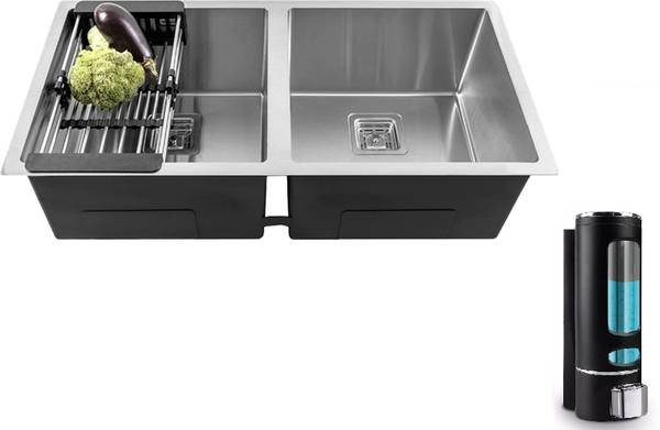 MESSINA 45" x 20" x 10" Handmade Kitchen Sink Double Bowl With Soap Dispenser Stainless Steel_A54 Vessel Sink