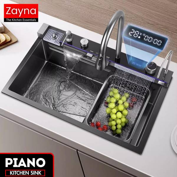 Zayna Smart 30X18 Piano Kitchen Sink With Integrated 5 Button Digital Panel & Double Waterfall With Temperture Display & Ambient Light & All Accessori...