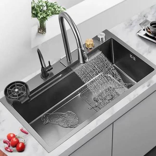 MIGSA Handmade Kitchen Sink With Waterfall Matt Finish Single Sink With Assembly 30X18X19 Inch Single Bowl Matt Finish With Inbuild Pull Down Foucet N...