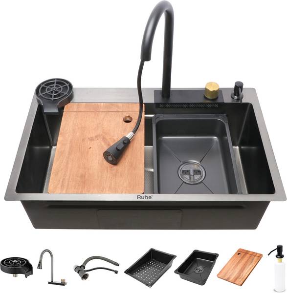 RUHE Handmade Premium Nano Single Bowl Kitchen Sink (30x18x9 Inches) with Integrated Waterfall & Pull Out Faucet Counter Top