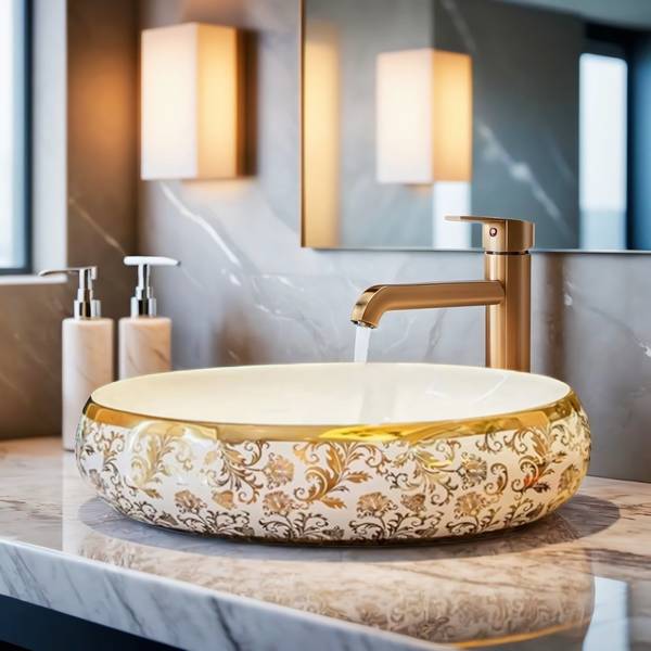 Lofina Ceramic Premium Ceramic vessel Sink Which Gives Look To your Home Golden Wash Basin 2203OLD(L61xW43xH14Cm) Very Stylish Bathroom Luxury Ceramic...