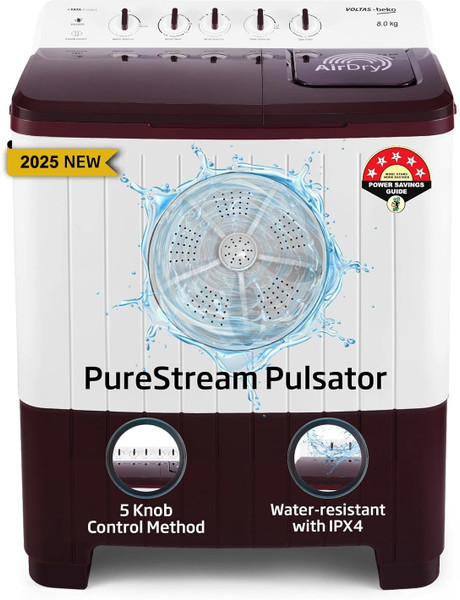 Voltas Beko 8 kg Semi Automatic Top Load Washing Machine Maroon, White