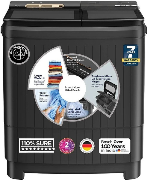 BOSCH 8.5 kg 5 Star with Vario Pulsator +,Scrub Zone & 1360 High RPM Spin Motor Semi Automatic Top Load Washing Machine Black