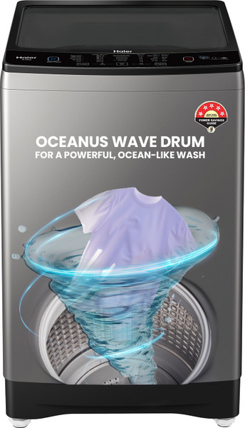 Haier 8 kg Powerful Oceanus Wave Drum, Custom Wash Cycles with 15 Mins Quick Wash, Near Zero Pressure Technology, Toughened Glass, Dual Magic Filter Fully Automatic Top Load Washing Machine Brown, Grey