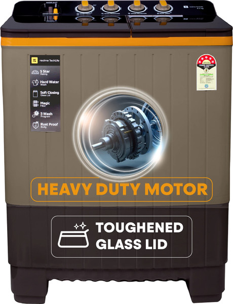 realme TechLife 8.5 kg 5 Star Rating, Toughened Glass lid, and Heavy Duty Motor Semi Automatic Top Load Washing Machine Grey, Black