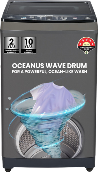 Haier 8 kg Powerful Storm Pulsator, Custom Wash Cycles with Quick Wash, Near Zero Pressure Technology, Dual Magic Filter Fully Automatic Top Load Washing Machine Black, Grey