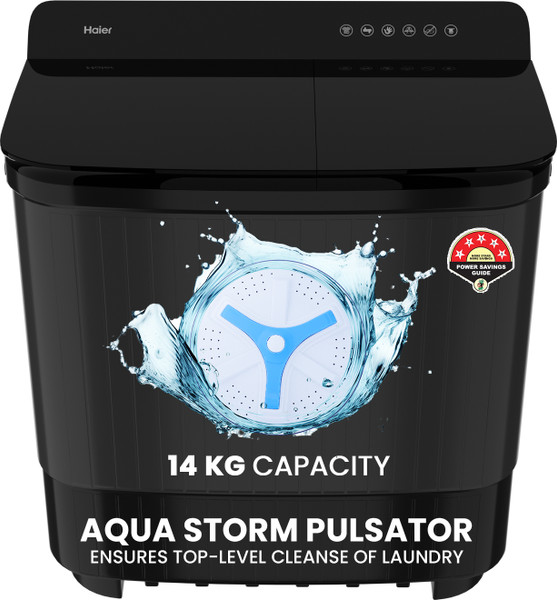 Haier 14 kg Toughened Glass with Anti Bacterial Vortex Pulsator, 1300 RPM, Spray Function, Wash Programs, Magic Filter, Rat Mesh Semi Automatic Top Load Washing Machine Black