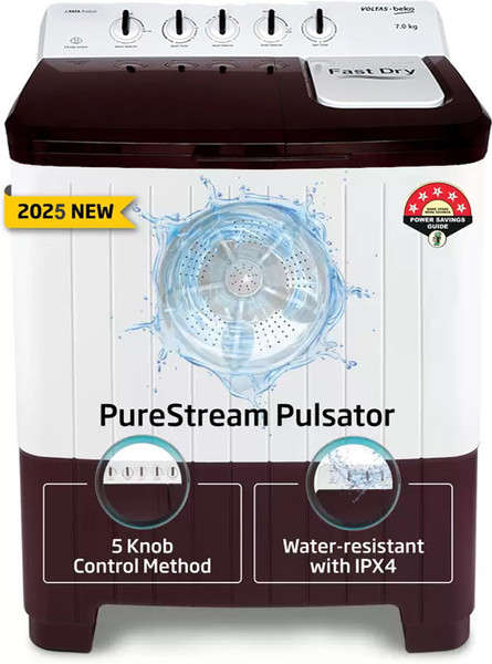Voltas Beko 7 kg Semi Automatic Top Load Washing Machine White, Maroon